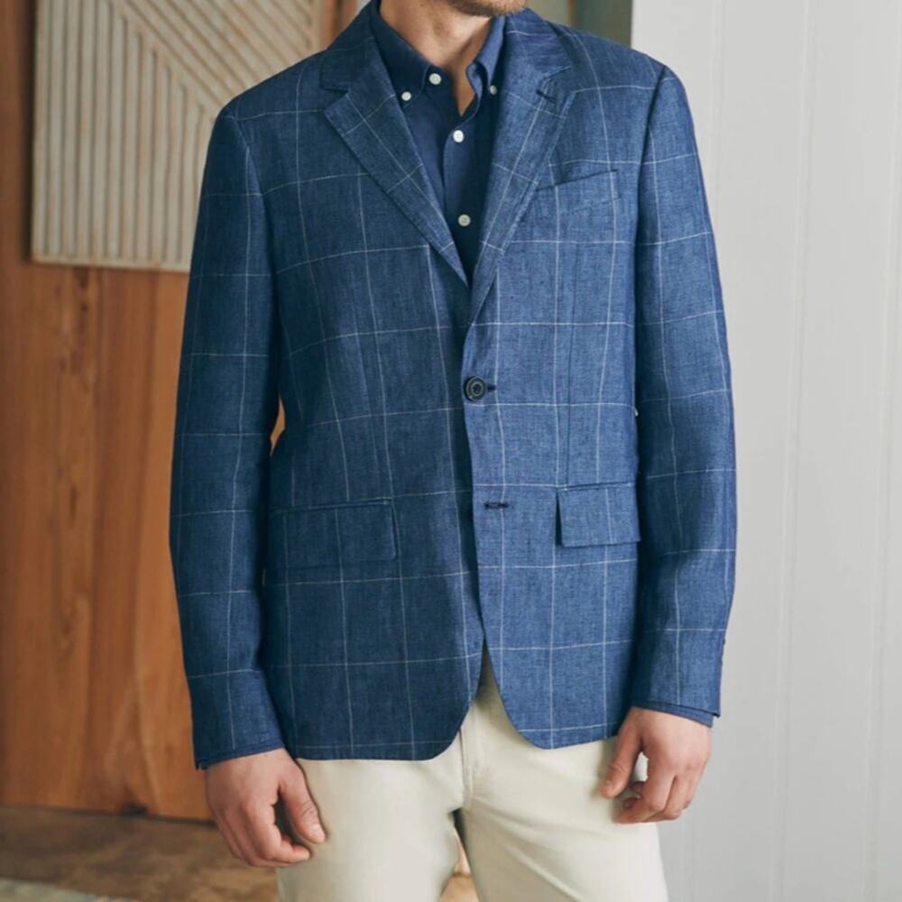 Faherty Men’s Sz 42 Reserve Linen Windowpane Blazer in Blue Steel Plaid New NWT